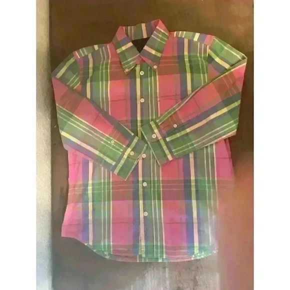 Ralph Lauren Girls Bright Pink Multicolour Plaid 3/4 Sleeve‎ Button Down Shirt M - Picture 1 of 13
